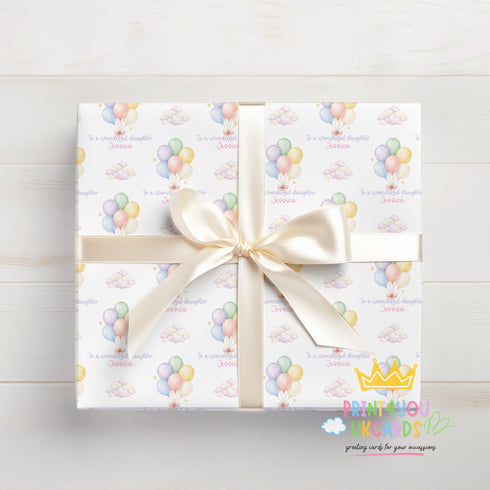 Personalised Daughter Wrapping Paper – Pastel Balloon Gift Wrap With Name Print
