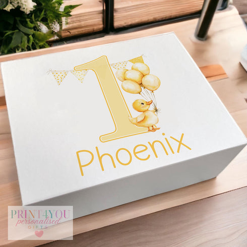 Personalised Babys First Birthday Keepsake Box - White Magnetic Closure with Yellow duck and balloons