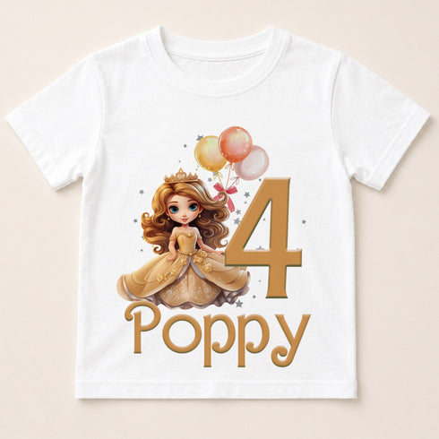 A white t-shirt with a cartoon image of a princess and balloons, along with the number "4" and the word "Poppy" printed on it.