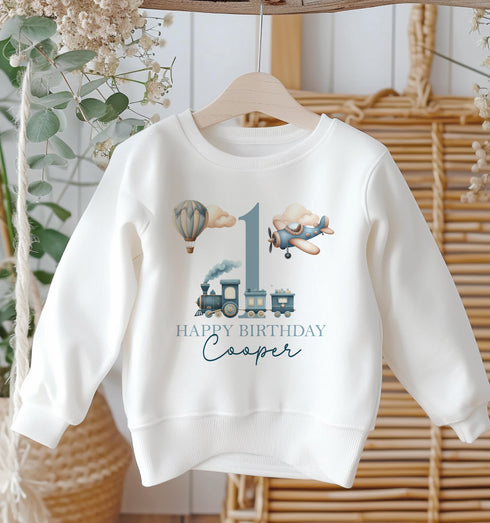 Personalised First Birthday Jumper, Birthday Sweatshirt for Children, I am One, Train Transport Jumper