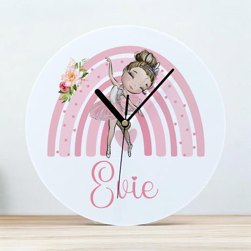 Personalised Ballerina Acrylic Clock for Girls 24.5cm Wide Pink Rainbow Design Gift