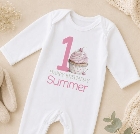 Personalised first birthday vest with pink cupcake design and custom name print