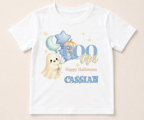 Personalised Halloween Boo-tiful t-shirt featuring cute ghost holding balloons, pumpkin, moon and custom name on white children's Halloween shirt