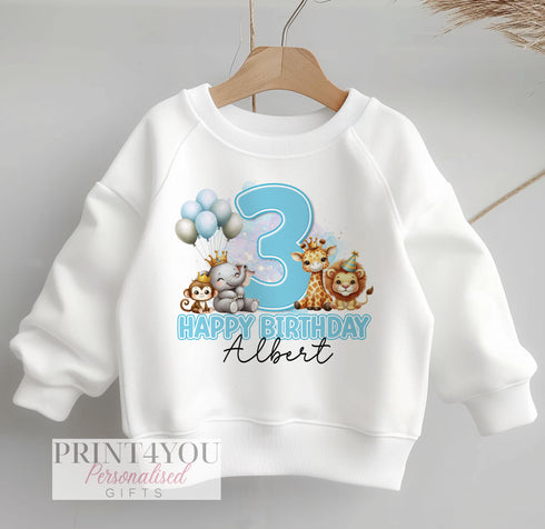Personalised Birthday Age Sweatshirt Jumper For Children. Any Age, White Cotton Sweatshirt - Blue Party Safari, Number and name