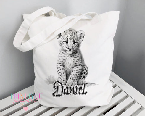 Personalised Leopard Sketch Tote Bag Eco-Friendly Reusable Cotton Shopping Bag Unique Gift for Girls in Black and White
