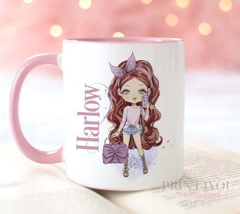 Designer Fashion Girls Personalised Gift White Mug, Pink coloured trim, Hair and Skin Variations