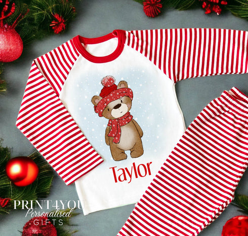 Red & White Striped Children's Christmas Pyjamas - Taylor teddy bear