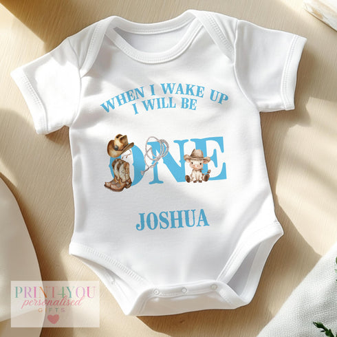 Personalised My First Rodeo T-shirt, Cowboy Style Boys Vest, Sleepsuit or Pyjamas. Blue Cowboy Western Style When I wake Up
