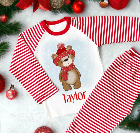 Red & White Striped Children's Christmas Pyjamas - Taylor teddy bear