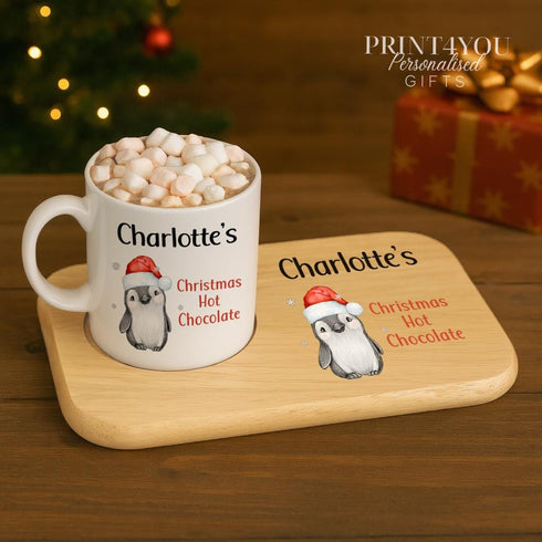 Personalised Penguin Hot Chocolate Mug - Festive Christmas Eve Gift with Name