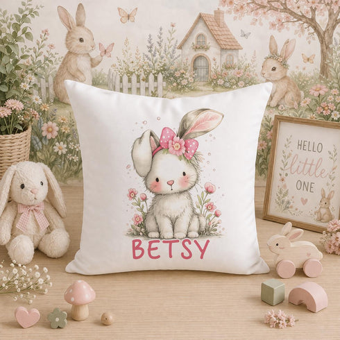Personalised bunny cushion with name Betsy, cute rabbit with pink bow and flowers on white pillow nursery decor