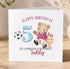 A birthday card with a teddy bear wearing a soccer uniform and a trophy, celebrating a 5-year-old's birthday.