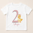 A white t-shirt with a pink number 2 and a yellow duck wearing a bow, along with the text "Skye" below the number.