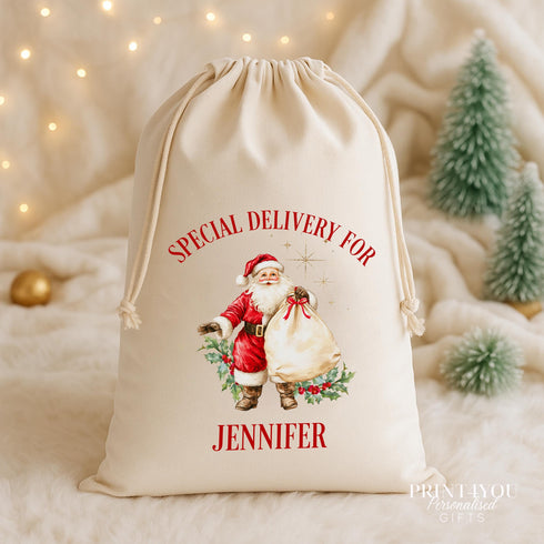 Personalised Christmas Santa Sack: Vintage Style Cream Cotton Gift Bag