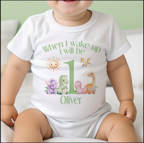 Personalised When I Wake Up I Will Be One Sleepsuit and vest, Green Dinosaur First Birthday Outfit.