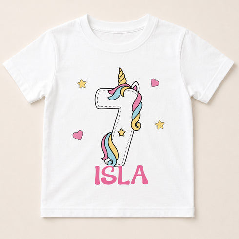 A white t-shirt with a unicorn graphic and the number 7, along with the text "ISA" below it.