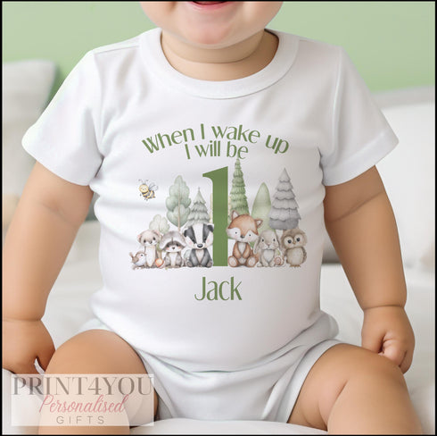 Woodland 1st Birthday Outfit | “When I Wake Up I’ll Be One” Personalised Baby Vest, T-Shirt or Sleepsuit | Forest Animal Design