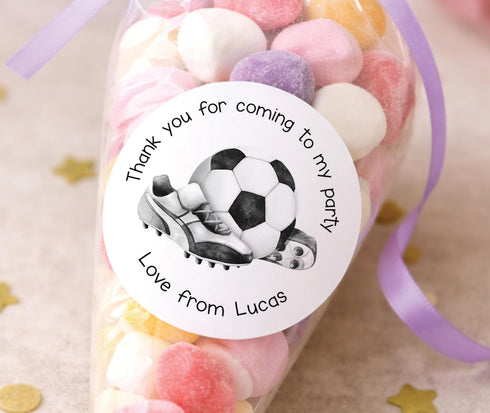 Personalised football thank you sticker with soccer ball and boots, custom party bag label on sweet cone bag