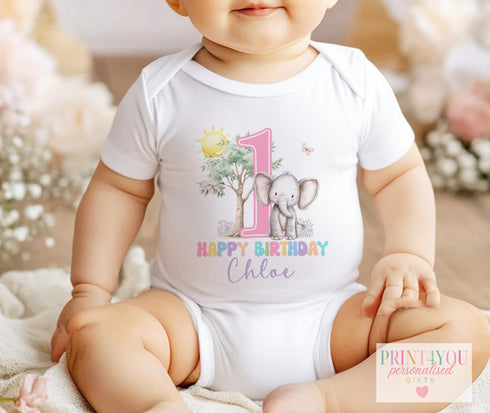 Personalised Pastel Pink Elephant 1st Birthday Outfit | Baby Girl Vest, Bib, Sleepsuit or T-Shirt | Custom Name | First Birthday Gift