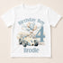 A white t-shirt with a graphic design featuring a race car and balloons, along with the text "Birthday Boy Brodie" and the number "4".