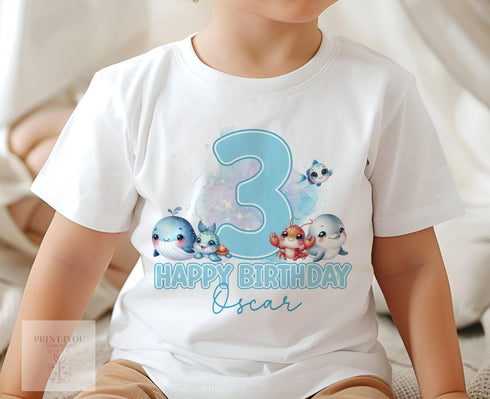 Personalised Under the Sea Blue Design Birthday T-Shirt ANY AGE - Cotton White Top, Any Age, Sea Animals, Fish, Crab, whale