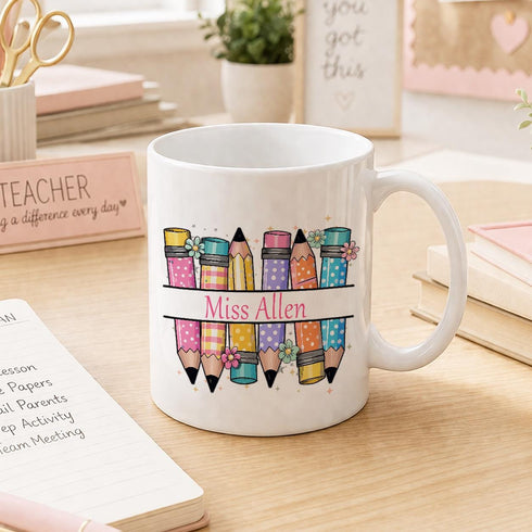 Personalised Teacher Mug – Colourful Pencil Design – Custom Name Gift - Plain White