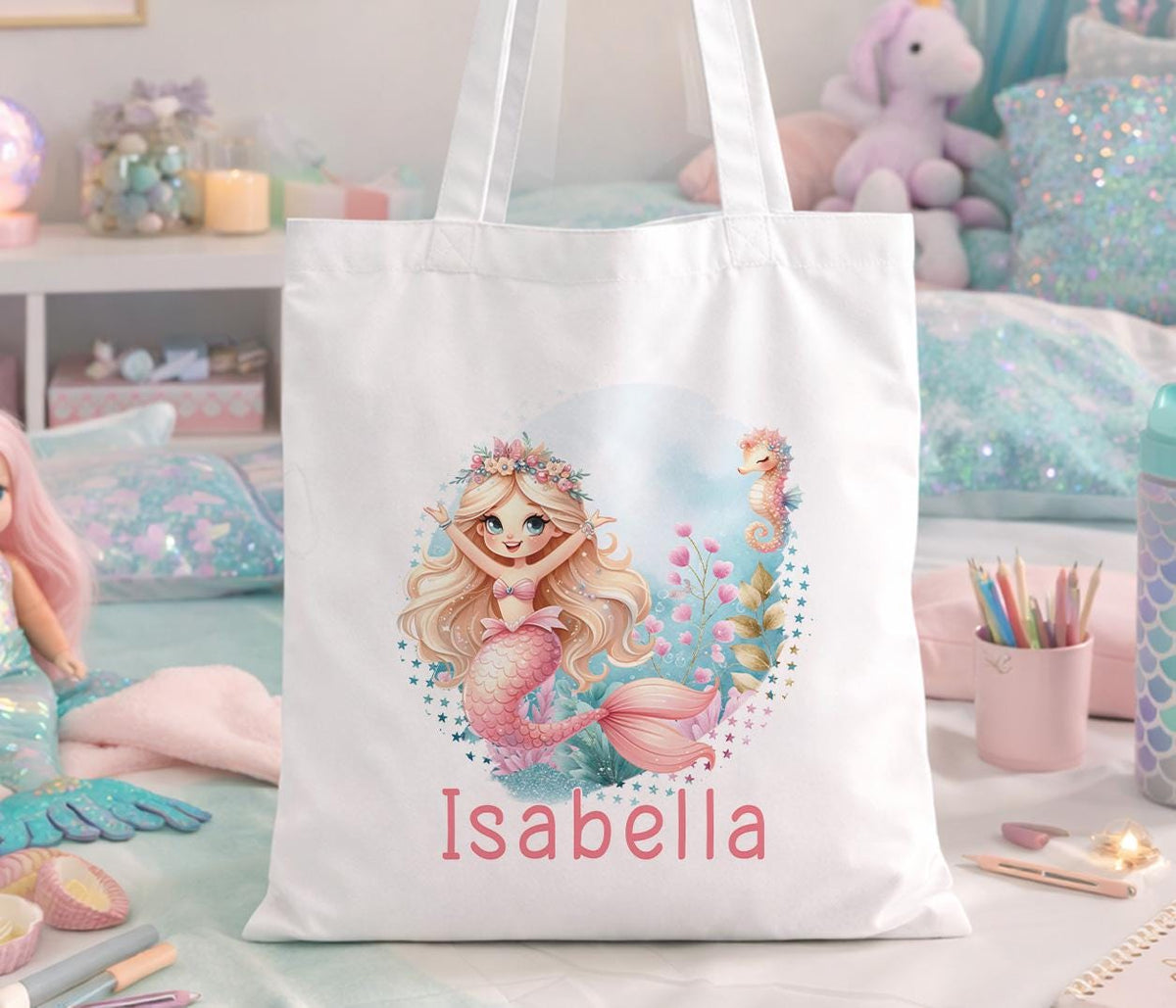 Personalised Mermaid Tote Bag - Custom Name Cotton Beach Bag for Girls