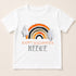 A white t-shirt with a Halloween-themed graphic design featuring two ghostly figures and a rainbow. The text on the t-shirt reads "Happy Halloween" and "Reece".