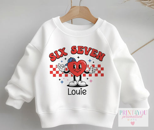 SIX SEVEN Trend Valentines Jumper for Kids – Viral Meme Style with Heart Character – Personalised Name