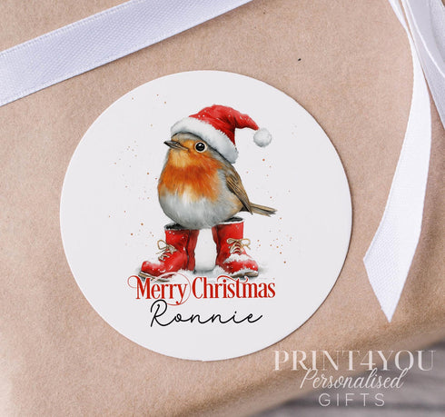 Personalised Christmas Stickers, Robin in Boots Gift Labels, Christmas White Gloss 5cm Stickers, Perfect for Xmas Party Bags & Gift Wrapping
