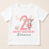 A white t-shirt with a pink bunny wearing a tutu and a pink number 2, along with the text "Happy Birthday Leanne".