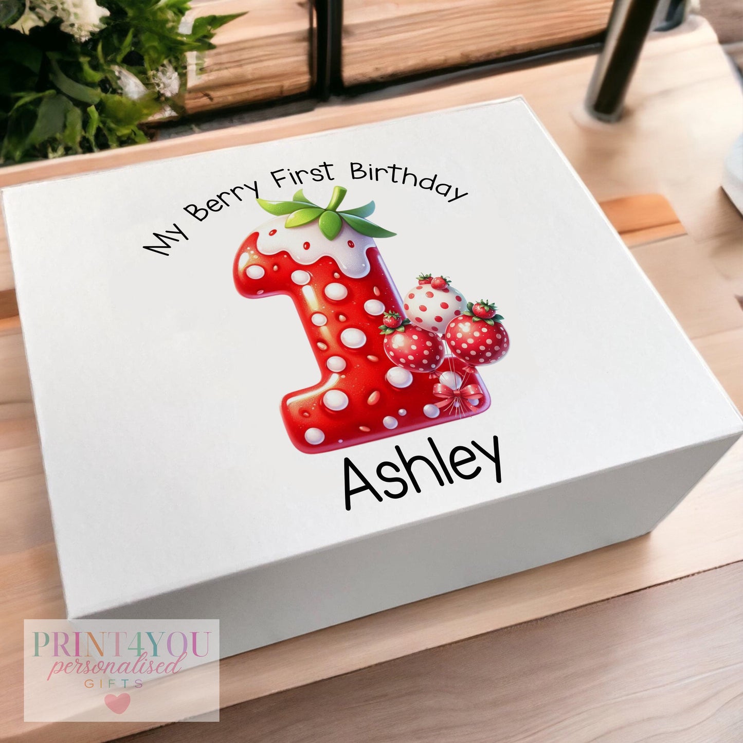 White personalised keepsake box with strawberry ONE first birthday design