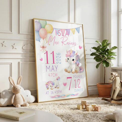 Personalised Unicorn Poster – Custom Baby Birth Stats Print | Nursery Wall Art A3 A2 A1