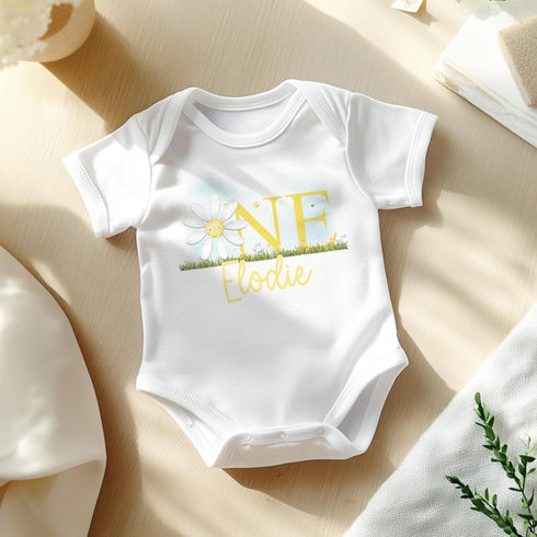 Personalised First Birthday Daisy Outfit - 100 Soft Cotton Baby Girl Sleepsuit Vest Bib PJs or T-Shirt