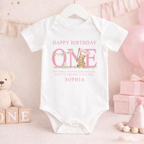 First Birthday Pyjamas – Personalised Pink Striped Soft Cotton Outfit For Girls - Vest