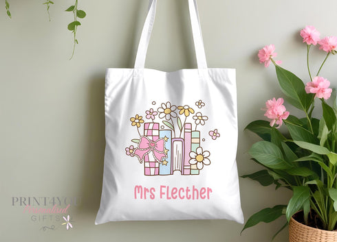 Personalised Teacher Tote Bag with Floral Design Books Custom Name Gift for Educators Perfect End-of-Term Thank You 10L Capacity