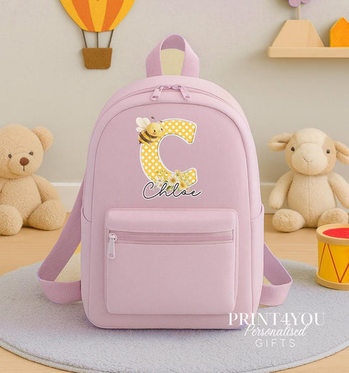 Personalised Bee Backpack for Kids | Polka Dot Initial & Name Rucksack | Toddler Nursery Bag | Custom School Gift