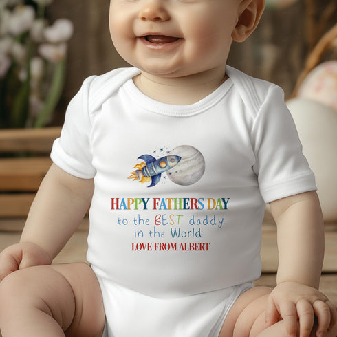 First Father’s Day Baby Gift – Personalised Rocket & Moon Bodysuit, Vest, Bib or T-Shirt – DTG Printed Soft Cotton