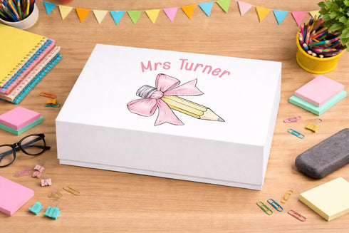 Personalised Teacher Gift Box – Magnetic Keepsake Box With Pencil Bow Design - Medium 16x20x8 cm Centimeters
