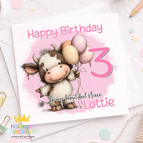 Girls Cow Birthday Card, Pink Farm Theme (Personalised Any Age)