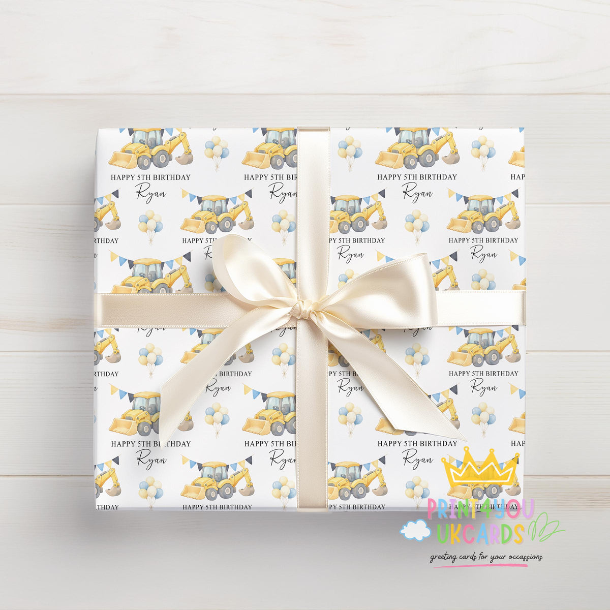 Alternate close-up view of the personalised digger wrapping paper design