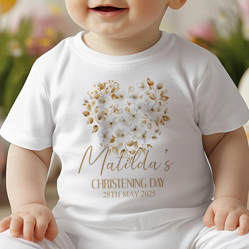 Personalised Baby Christening Outfit – Gold Flower Feart Design | Custom Printed Gift | Sleepsuit, Vest, Bib, PJs, or T-Shirt | 100% Cotton