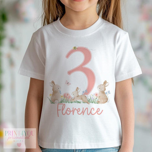 Personalised Bunny Rabbit Birthday T-Shirt ANY AGE - Cotton White Top, any number any age