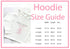 a white hoodie with a personalized gift design, along with a size guide for the hoodie.