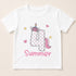A white t-shirt with a graphic design featuring a unicorn and the number 4, along with the text "Summer" below the number.
