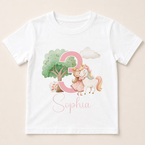 A white t-shirt with a pink and green unicorn and the number 3, along with the name "Sophia" written below.