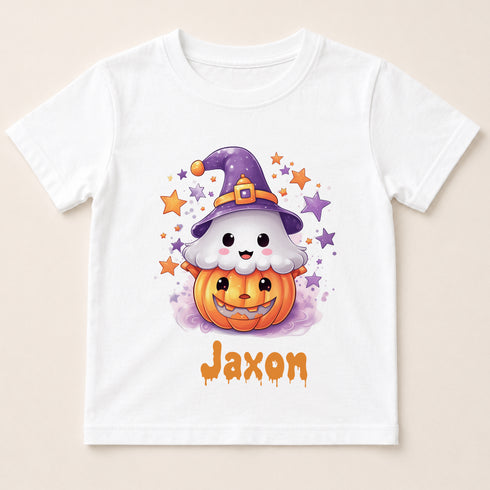 A white t-shirt with a Halloween-themed graphic design featuring a ghost and a pumpkin.