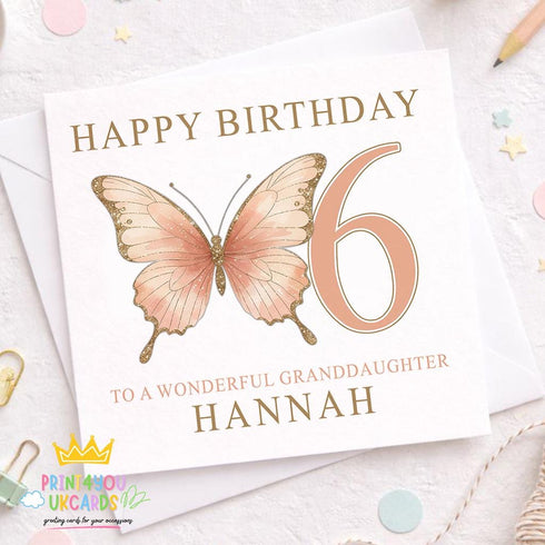Personalised Butterfly Birthday Card – Gold & Blush Design, Custom Name & Age