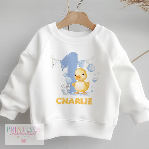 Personalised First Birthday Jumper, Birthday Sweatshirt for Children, I am One, Blue Bubbles Duck