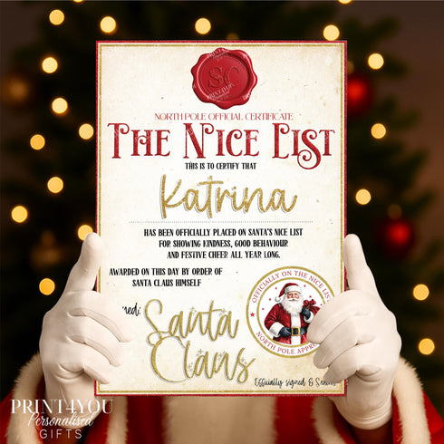 Personalised Santa Nice List Certificate | Custom Christmas Award For Kids | A4 Gloss Print From Santa Claus | Festive Keepsake